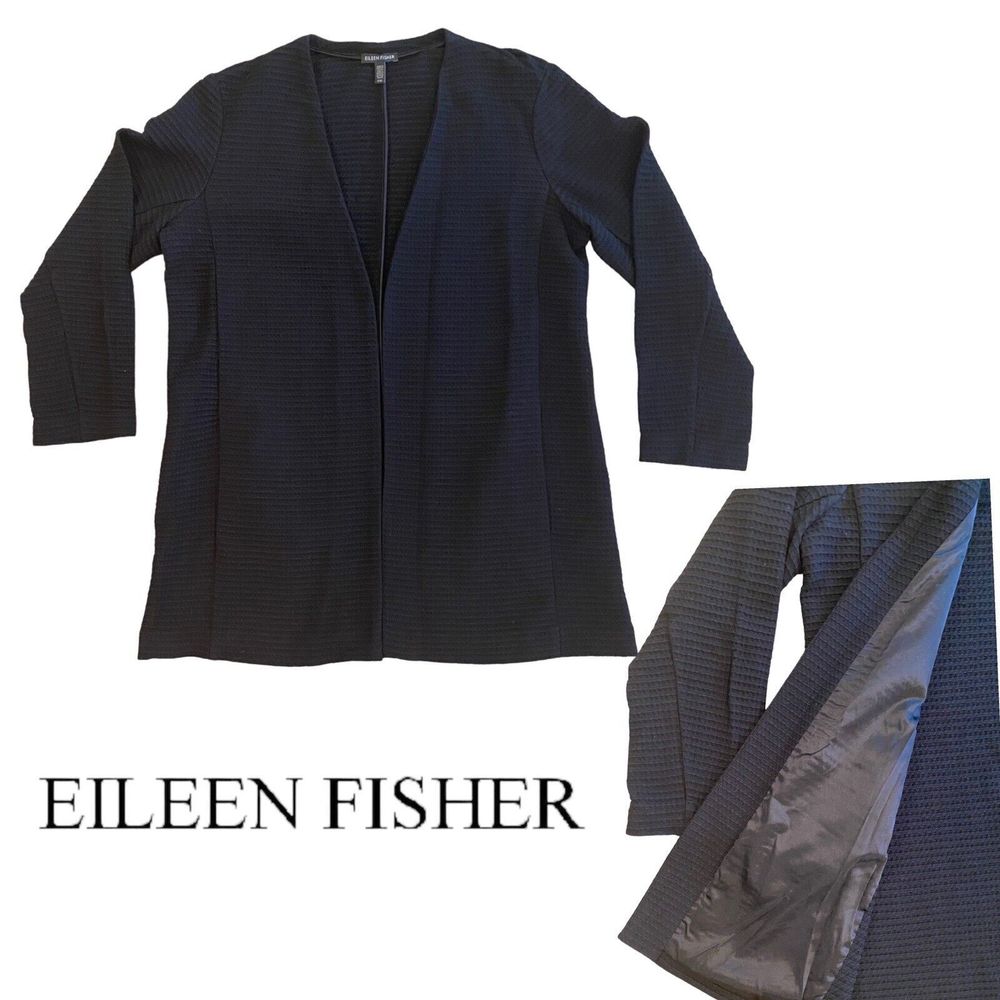 Eileen Fisher‎ Classic Black Geometric Stretch Textured Open Front Jacket Large